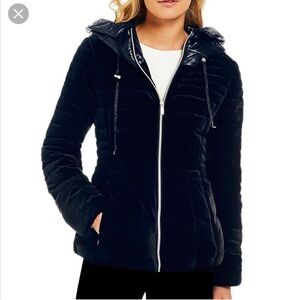 KARL LAGERFELD Paris Velvet Down Puffer Jacket Women'’s Navy Blue Size Medium